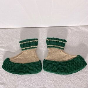 Vintage Handmade Green Beige Crochet Knit Slippers